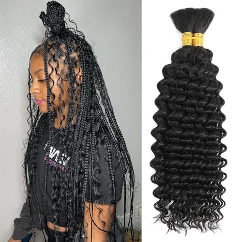 Human Braiding Hair 2 Bundles/Pack 100g Deep Wave Bulk Hair for Braiding No Weft 10A Brazilian Virgin Human braiding Hair for Boho Braids Extensions (Natural Color, 22 inch)