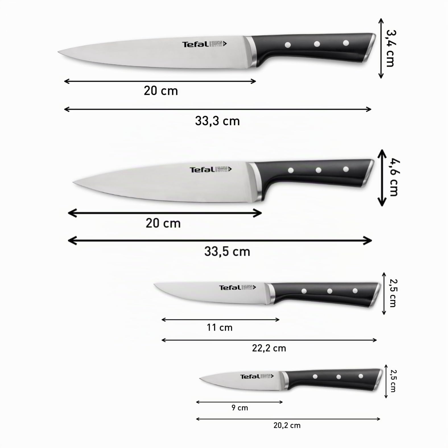 Tefal Ice Force – Juego de 4 Cuchillos: Chef 20 cm, Universal 11 cm, Pelador 9 cm, Rebanador 20 cm | Acero Inoxidable Alemán, Tecnología Ice Force -120°C, Mango Remachado, Resistente a la Corrosión