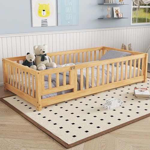 Twin Floor Bed Frame with Slats and Safety Guardrail, Wood Twin Size Montessori Floor Bed with Door and Fence, Easy Assemble Montessori Beds for Kids, Girls, Boys, Natural