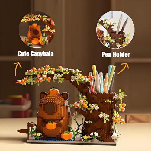 Image of SKY LINE OCEAN Capybara Building Blocks Set, 1880+ PCS Cute Animal Mini Bricks Kit, Capybara with Flowers Tree, DIY Desk Organizer Pen Holder Toy for Ages 14+ | 5 Year Structural Warranty