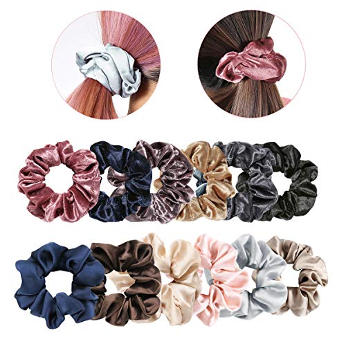 Velvet Satin Hair Scrunchies Ties - 12 Pack Large Durable Hair Elastics High Elasticity Scrunchy Ties Multicolor Scrunchies for Ponytails, Top Knots, Braids and Buns, Women Hair Accessories 12 Count