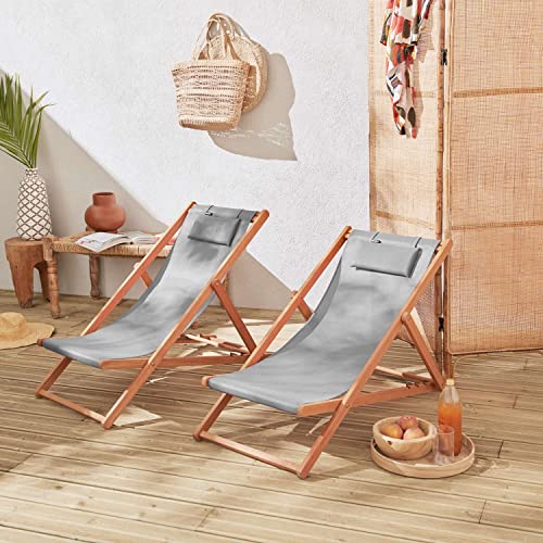 Alice's Garden - Chiliennes Bois - Creus - 2 transats en Bois d'Eucalyptus huilé avec Coussin Repose-tête Gris Taupe