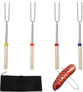 4 Pcs Toasting Forks,Roasting Sticks,Barbecue Forks,Telescoping Smores Sticks for Fire Pit,Extending Roaster,U Shape Hot Dog Fork,for Outdoor Barbecue,with Wooden Handle Grilling Skewers（Four Colors）