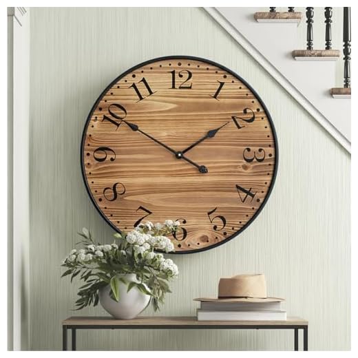Rustic Farmhouse Wall Clocks for Living Room Decor, Large 24 inch Wall Clock with Dark Brown Wooden Face and Black Metal Frame, Silent Battery Operated for Kitchen Bedroom Entryway