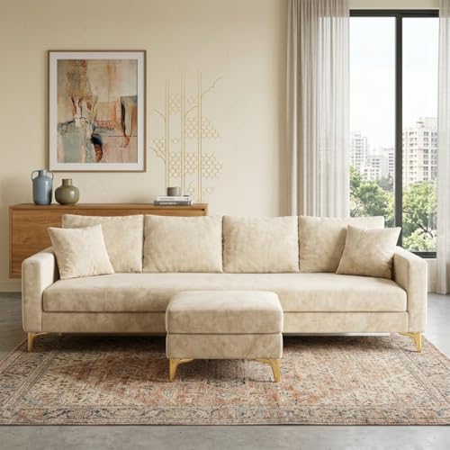 Image of Classiq Rich 5 Seater L Shape Sofa Set with Movable Ottoman | Flexible Layout | Spacious Soft Touch Seating | Designer Sofa for Living Room (Cream)