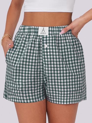 Image of ANRABESS Boxer Shorts for Women Gingham Pajama 2026 Summer Casual Lounge Sleep Plaid Shorts Y2K Beach Bottoms