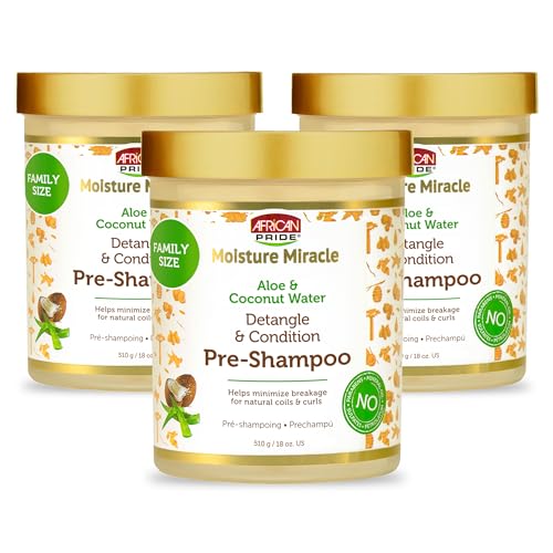 African Pride Moisture Miracle Pre-Shampoo Hair Detangler with Aloe & Coconut Water (3 Pack) | Minimizes Breakage, Hydrates & Strengthens | Pre-Poo Treatment for Natural Coils & Curls | 18 oz.