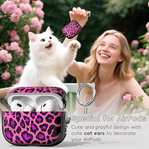 Image of for AirPods Pro 2 Case with Cleaning Kit, Cute Cat Ear Print Design & Cute Buckle for Girls, Phone Holder & Top Safe Lock Buckle Design for AirPods Pro 2nd /1st Gen case, Rose Leopard