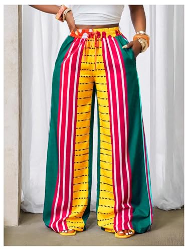 MakeMeChic Women's Striped Wide Leg Palazzo Pants High Waist Drawstring Summer Trousers4