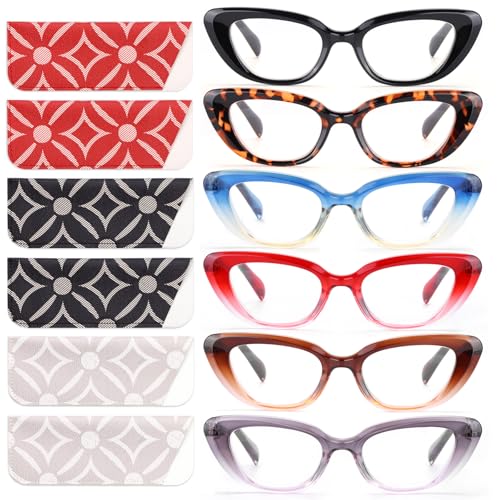 6 Pack Cat Eye Reading Glasses for Women Fashion Cute Blue Light Blocking Computer Readers Spring Hinge