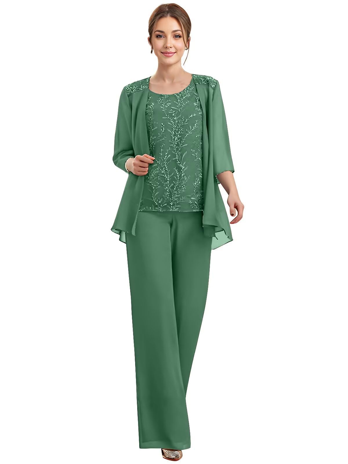 Mother of The Bride Pantsuits for Wedding Chiffon Sparkly Sequins Appliques Grandmother of Bride Pant Suits 3 Piece