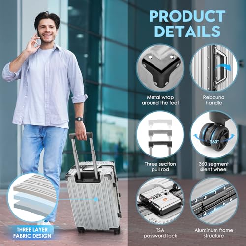Image of 3-Piece Zipperless Luggage Set,20 /24 /28 Inch, Airline Approved Carry-On 22x14x9, 9H Scratch-Proof PC Hardshell, Aluminum Frame, 360 Spinner Wheels, Checked Suitcases, Silver