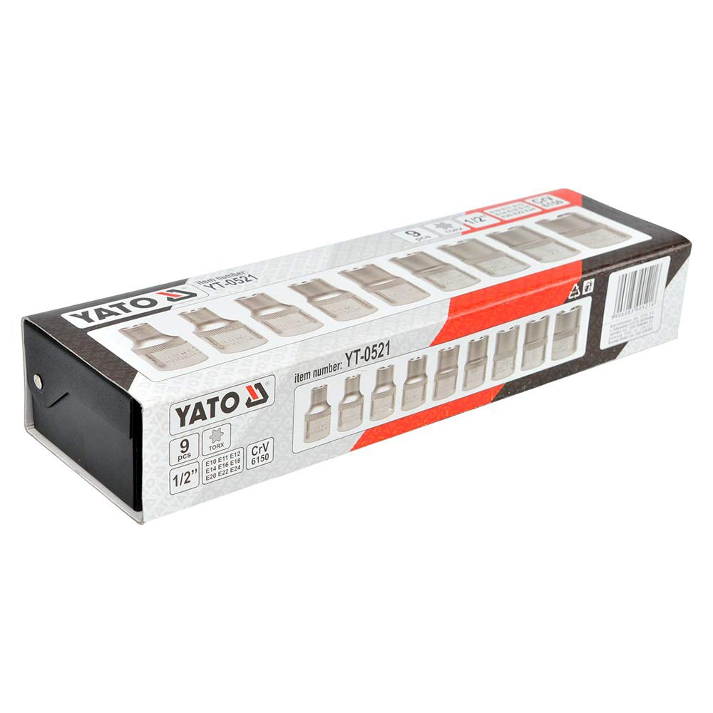 Yato YT-0521 Torx Sockets Cr-V E10-E24 9Pcs|Socket Wrench Set|Socket Cover|S2 steel|Torx Socket Tool Box|Chromium plated|Power Tools|Home Tools|Industrial tools|Mechanical Tools|Automotive|1/2 inch 3