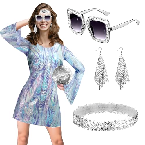 RoserRose 70er Jahre Outfit Damen, Hippie KostüM Damen, Party Outfit 70er Jahre, Hippie Kleid mit Accessoires-L