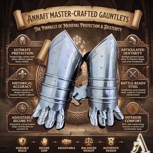 Image of AnNafi Armor Gauntlets Steel Gloves w Brass Accents Armor Pair, Medieval Knight Costume, Warrior Metal Gauntlet (STYLE 3)