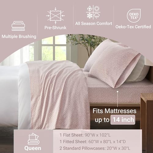 Image of True North by Sleep Philosophy Cozy Flannel Warm 100% Cotton Sheet - Novelty Print Animals Stars Cute Ultra Soft Cold Weather Bedding Set, Queen, Blush Dots 4 Piece