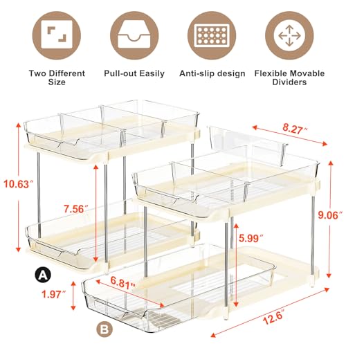 Delamu 2 Sets of 2-Tier Multi-Purpose Bathroom Under Sink Organizers and Storage, Stackable Kitchen Pantry Organization, Pull Out Medicine Cabinet Organizer with 8 Movable Dividers, Beige