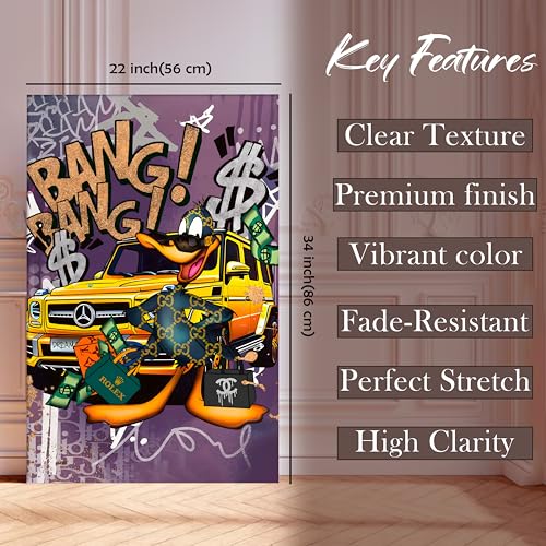 Image of Luxury Street Pop Art Duck Canvas Wall Art Painting For Living Room | Money & Success Graffiti Style Art Painting | Modern Wall Decor for Home & Office, 56x86 cm