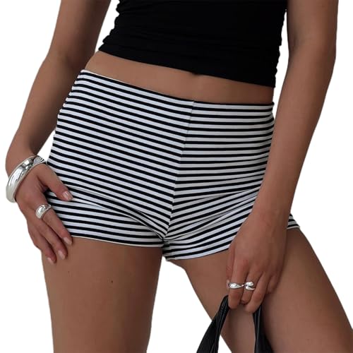 Image of NUFIWI Y2k Striped Shorts for Women High Waist Stretch Micro Boy Shorts Slim Fit Pajamas Bottoms Lounge Shorts Sleepwear