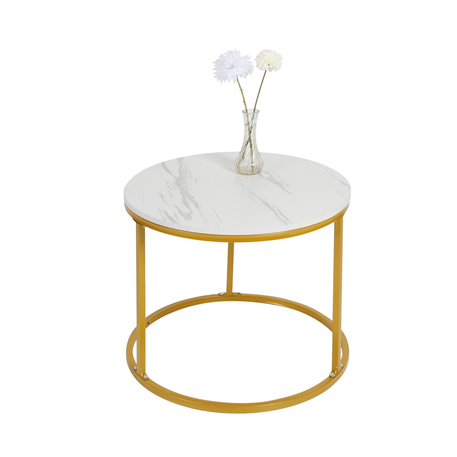 Mesa auxiliar para salón – Juego de 2 mesas bajas anidadas redondas 70/50 efecto mármol – Aspecto mármol – 70 x 70 x 45 cm – Platino
