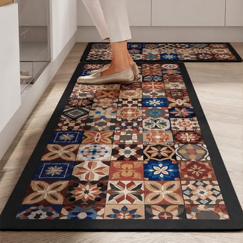 Image of MAXOSHINE Kitchen Mats for Floor Anti Slip Waterproof Feet Comfort Kitchen Runner Floor Mat Standing Desk Mat Floor Mats for Kitchen (120 * 40cm, 60 * 40cm) Set of 2 (Moroccan-Brown)