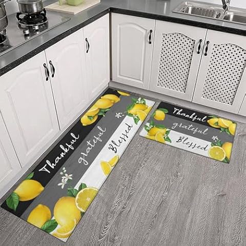 Xsinufn Lemon Kitchen Mat Set of 2,Spring Summer Lemon Colorful Kitchen Rugs and Mats Non Skid Washable,Farmhouse Kitchen Runner Rugs with Rubber Backing (17"x48"+17"x30") Cover