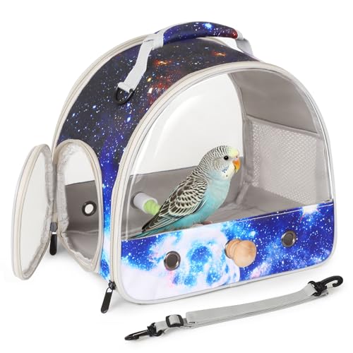 Image of Small Bird Travel Carrier Cage Bag for Parakeet, Budgies, Cockatiel, Conure, with Clear Windows, Galaxy Print