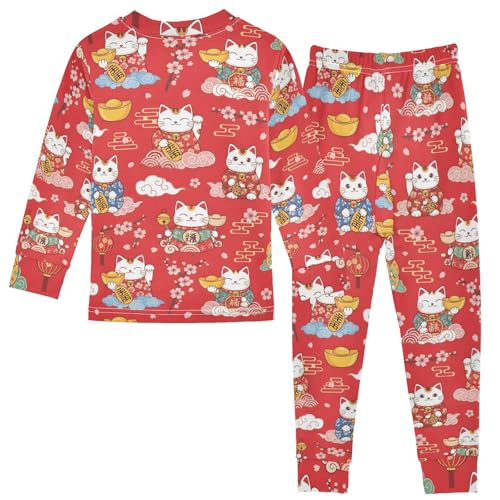 Pajama Sets Long Sleeve Cute Cats Cherry Blossoms on Red Soft Comfy Sleepwear 2 Piece PJS 3-8T3