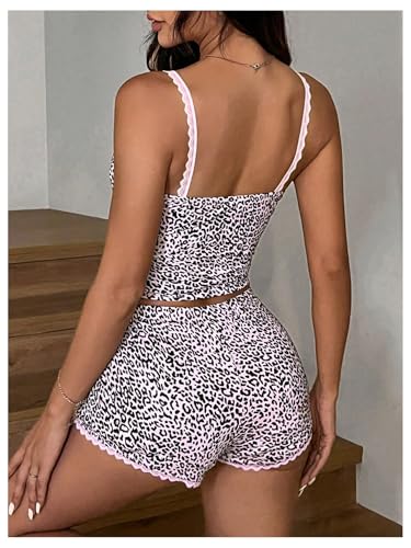 Women's 2 Piece Pajama Set Y2K Leopard Print Lace Trim Cami Crop Top and Shorts Sleepwear Set Cheetah Pjs Loungewear2