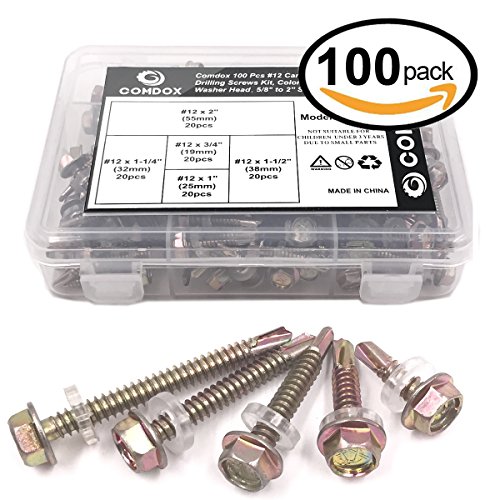 Comdox Hex Washer Head Sheet Metal Screws Kit, Color Carbon Steel Self Drilling Screws Assortment Kit, Self Tapping Tek Screws with Drill Point, #12 x 3/4