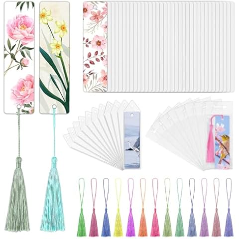 50 Sets Sublimation Blank Bookmarks with Clear Bookmark Sleeves Tassels and Self-Sealing Bags, Heat Transfer Metal Aluminum DIY Bookmark with Hole for Crafts Reading School Office Supplies Cover