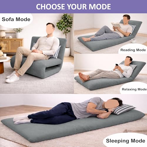 Image of Adorn India Easy Multi Mode 1 Seater Sofa Cum Bed | Velvet Fabric | Grey | Stripes Design | Comfortable Seating | Washable Cover | Perfect for Home & Office