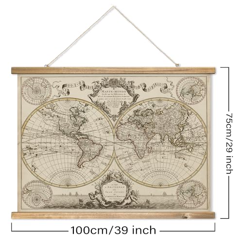 Xiaoaika Vintage World Map Print On Cloth With Wooden Hanger - Antique Hemisphere Wall Hanging Decor thumb #1