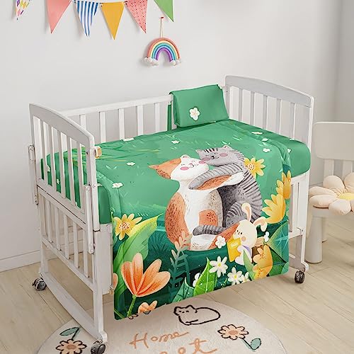 Image of 3pcs Watercolor Grey Orange Cat Rabbit Printed Nursery Bedding Set - Crib Comforter, Sheet, Skirt for Baby Boys or Girls