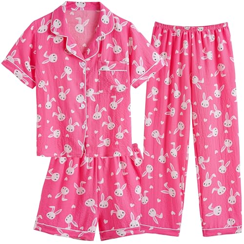 Image of Hupohoi Big Girls Button Down Pajama Set 3pcs Short Sleeve Long Pants with Shorts Crepe Wrinkled Fabric Sleepwear Nighty