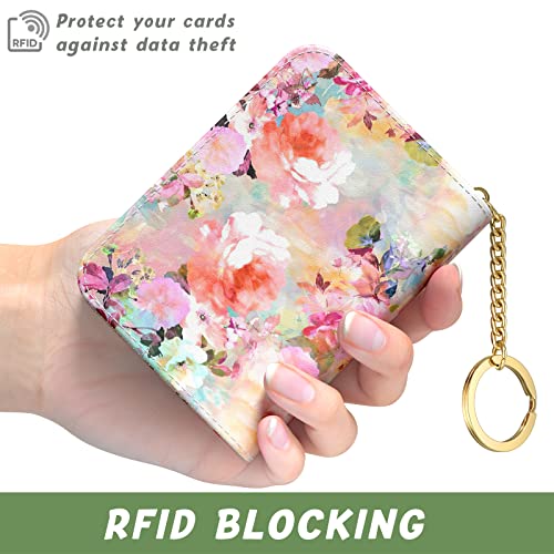 Image of Aiawoxc Credit Card Holder for Women, Small RFID Wallet Slim Leather Card Organizer Case with Zipper Keychain, Watercolor Flower