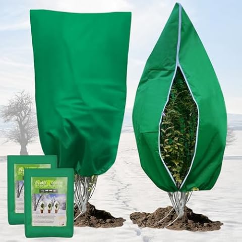 Lianxuia 2 Pack Green Plant Covers Freeze Protection, 47.2 x 70.8 Inch 2.4 oz/yd² Large Reusable Plant Frost Cloth Blanket, Tree Cover with Zipper Drawstring for Winter Garden Outdoor Plants Cover