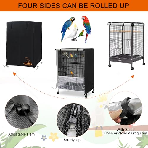 Image of Bird Cage Cover, 600D Universal Parrot Cage Cover for Night, 100% Shading Oxford Cloth with Waterproof PU Coating Layer, Adjustable Soft Airy Nylon Mesh Net