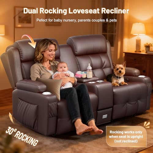 Image of Loveseat Rocker Recliner Sofa, Home Theater Seating with Massage, RV Wall Hugger Reclining Couch with Console, USB Ports, Cup Holders & Drawer, Rocking Recliners for Baby Nursery, RV & Home Theater