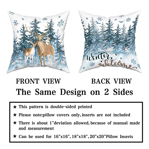 Forest Reindeer Snow Decorative Pillow Cover Set Of 2, Winter Wonderland Pillowcase Soft Breathable Cushion Pillow Cases Watercolor Deer Blue Snowflakes Decoration For Sofa Bedroom Car 18 X 18 Inch #TOP4