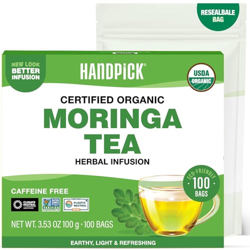HANDPICK, Organic Moringa Tea Bags (100 Count), Pure Moringa Leaves | Authentic Indian Origin | Caffeine Free, Non GMO | Round Eco-conscious Teabags