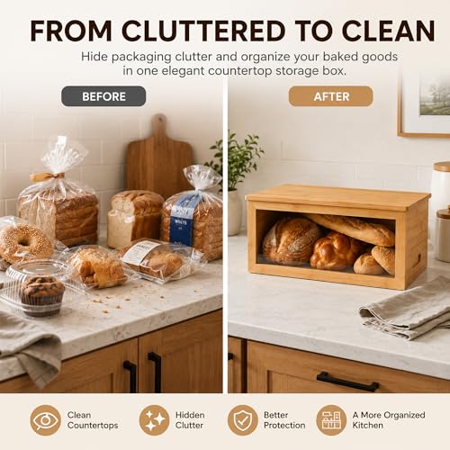 Inspera Bamboo Bread Box with Cutting Board Lid – Large Wooden Kitchen Countertop Storage Bin for Loaves and Pastries – Clear Acrylic Window Display – 15.4 x 9.9 Inch by Inspera - Used condition - Image 8