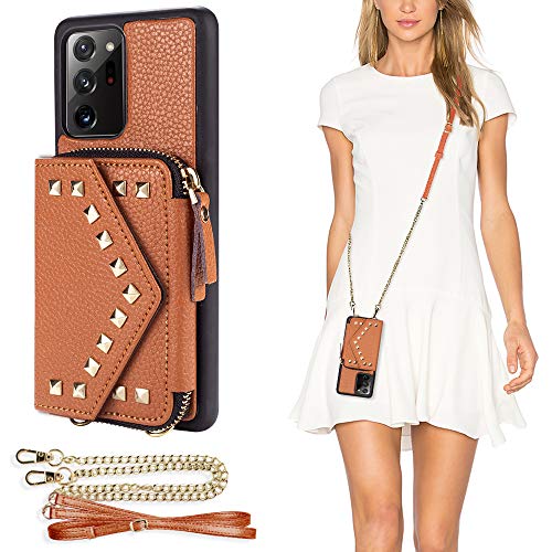 LAMEEKU Samsung Galaxy Note 20 Ultra Crossbody Zipper Phone Wallet Case, Samsung Note 20 Ultra Card Holder Cover Purse with Wrist Strap for Women, Leather Case for Samsung Note 20 Ultra, 6.9-Brown