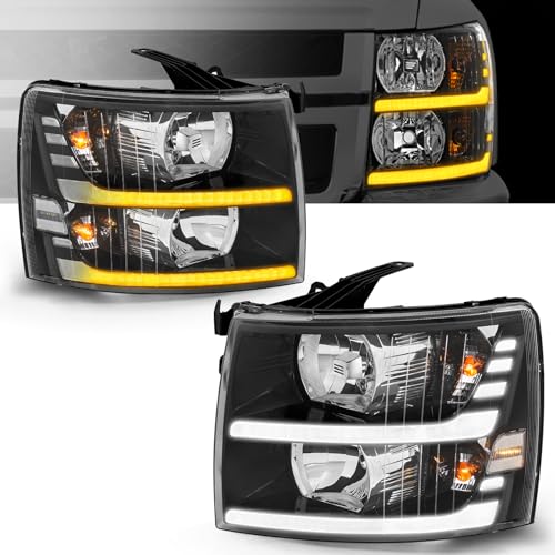 ELH Sequential LED DRL Headlight Assembly Fit For 2007-2013 Chevy Silverado 1500 / 2500HD / 3500HD & 2014 Old Body Style Headlamps(Black Housing Clear Relfector-MT SEQ&DRL)