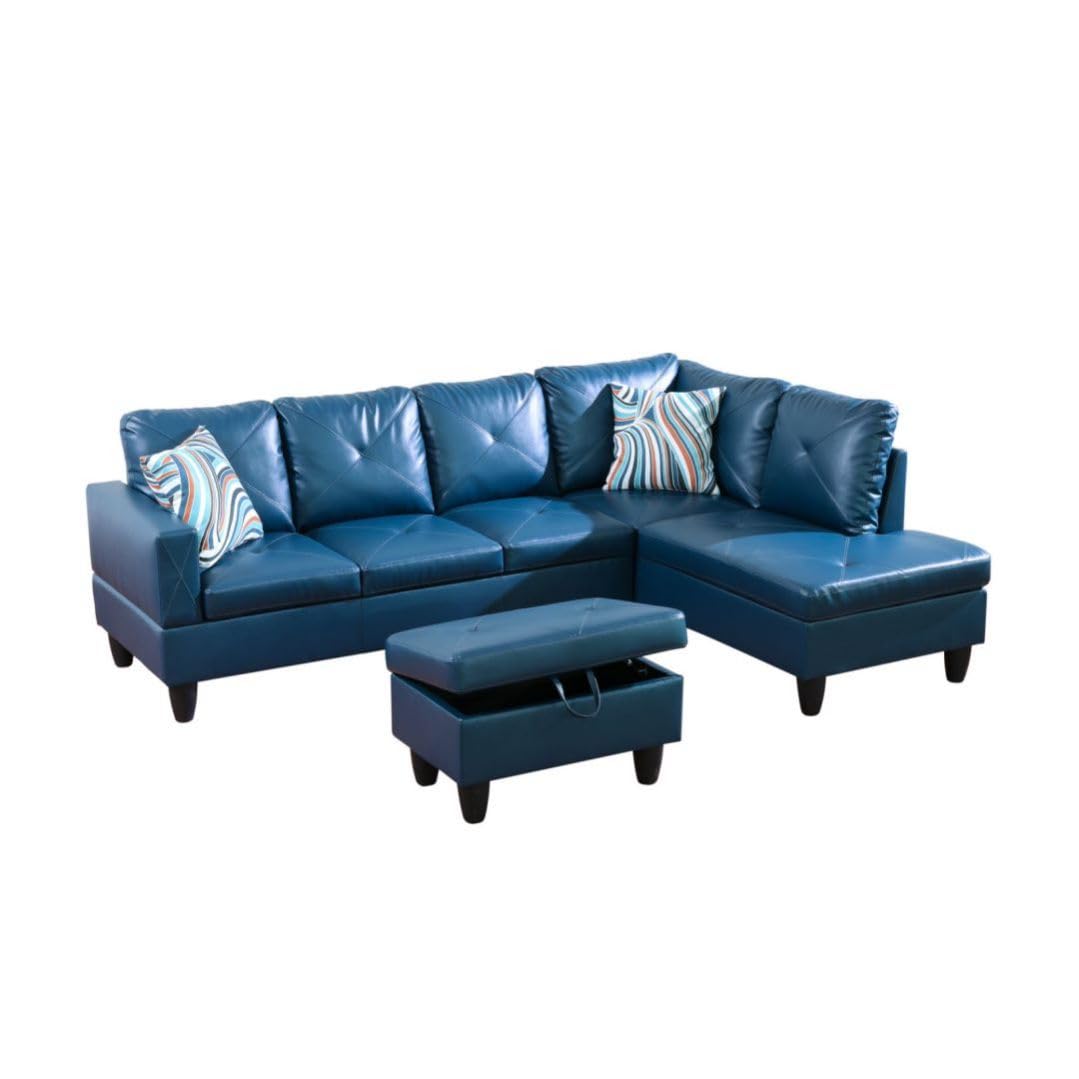 UOCFYK Deep Blue L-Shaped 3-Piece Faux Leather Sofa with Storage Ottoman Set, Sectional Couch Sofa Set for Living Room, Office, Small Space