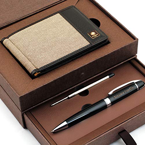 Free Engraving - Personalized Roller Ballpen, Ballpoint pen, Ball pen, Refillable Pens, Retractable Medium Refill Pen Black Ink, Custom Gifts for Men, Women (Silver_Prestige_Money Clip Gift Set 2)