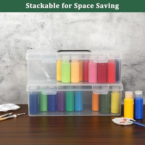 Image of JUXYES Plastic Clear Acrylic Paint Storage Organizer Box with Handle, Transparent Craft Paint Bottles Container Case with Lock, Saving Box with Lid for 2 fl. oz Acrylic Paints