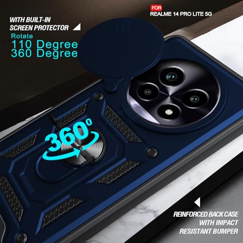 Image of AESTMO Tough Armor Realme 14 Pro Lite 5G Bumper Back Case Cover | Ring Holder & Sliding Camera Shield Cover | 360 Degree Protection Back Case Cover for Realme 14 Pro Lite 5G (Blue)