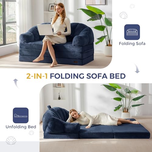 Image of MAXYOYO Folding Sofa Bed, 2 in 1 Convertible Sofa to Lounger Comfy Loveseat Bean Bag Chair for Adults, Floor Couch with Handle, Faux Fur Couch Bed for Living Room Bedroom, Navy, Loveseat