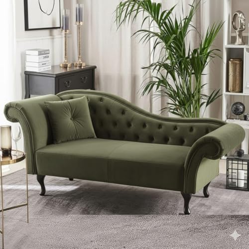 Image of Velvet Modern Chesterfield Chaise Lounge Couch 188 X 61 X 76 for Your Loving Space (Olive Green, Standard)